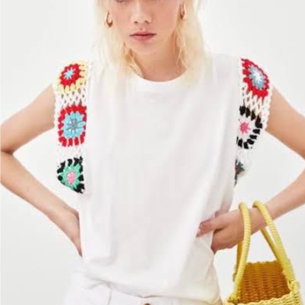 NWT ZARA WHITE CROP TOP WITH CROCHET EMBROIDERY TRIM S